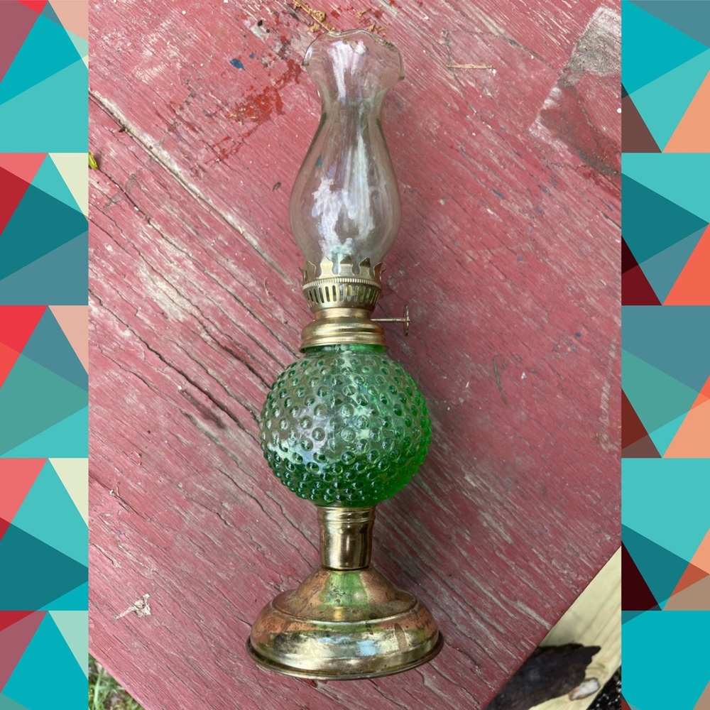 Green Hobnail Glass Oil Lamp